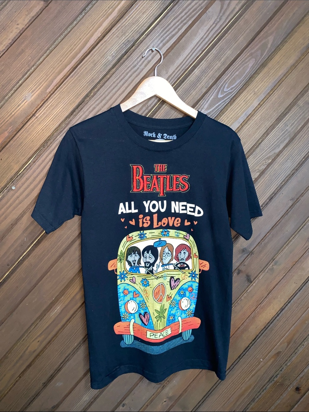The Beatles Black Tee with Colorful Peace Van Graphic